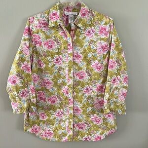 Jones New York Sport Cotton Floral 3/4 Sleeves Button up Flip Cuffs Hong Kong L